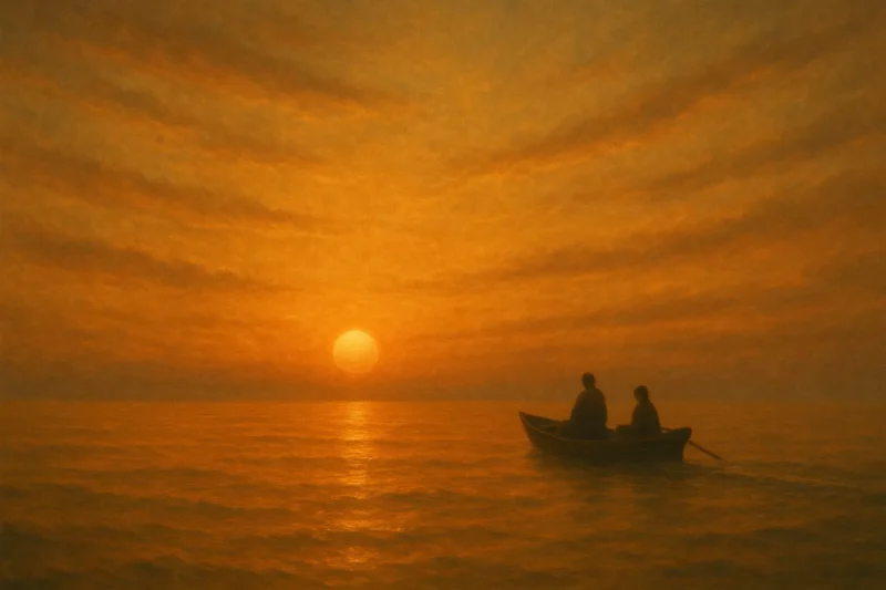 旅人たちの息づかいを運ぶ舟に乗り夕日に向かって進む詩洸と新元のAI生成画像（創作画像）
