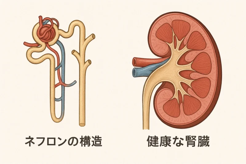 健康な腎臓とネフロンのイメージ画像