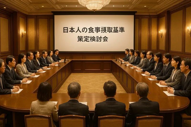 「日本人の食事摂取基準」策定検討会の会議風景の創作画像