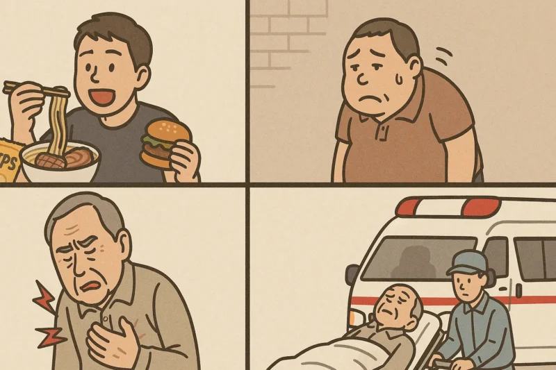高脂質、高糖質の食生活によって心筋梗塞になる４コマ漫画