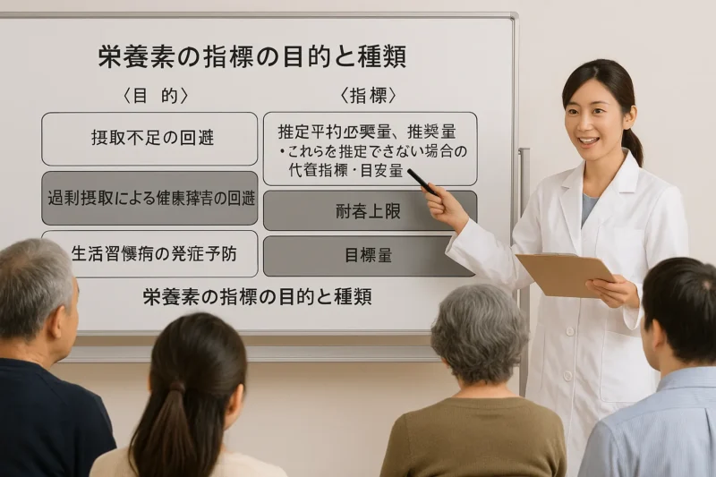 日本人の食事摂取基準における「栄養素の指標の目的と種類」の説明風景のAI生成画像（創作画像）