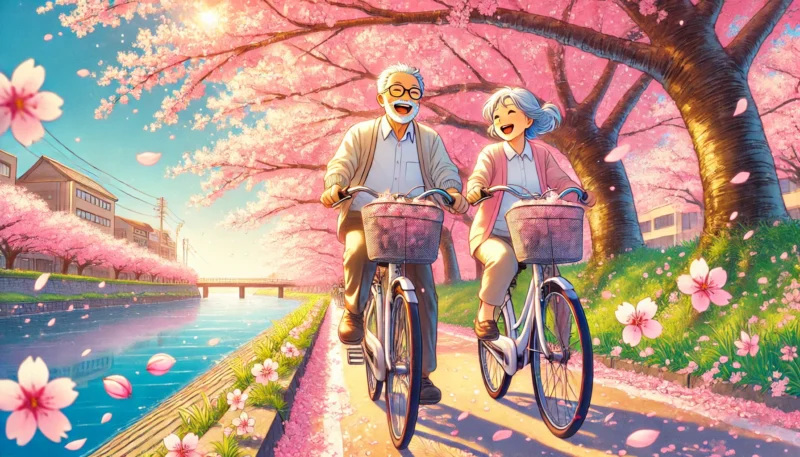 桜並木道でサイクリングを楽​​しむ高齢者夫婦