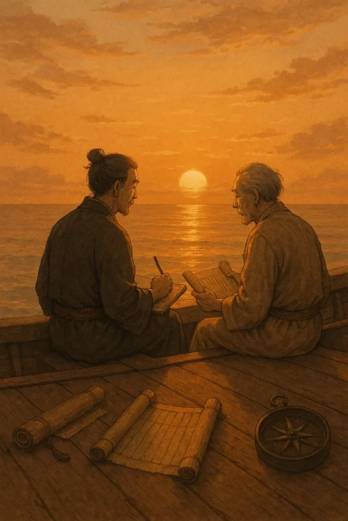 船のへりに腰かけ海風を頬に受けながら旅を越え時代を越えようとしている詩洸と新元のAI生成画像(創作画像)