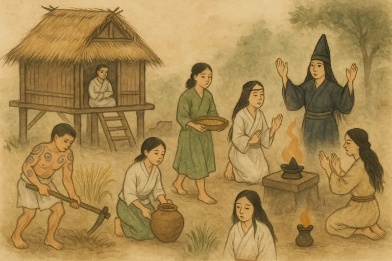 古代倭人の暮らしとまじない儀礼の様子を描いたAI生成画像（創作画像）