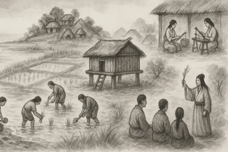 倭人の住居、農作、交易、衣装や儀礼を描いた墨絵風のAI生成画像（創作画像）
